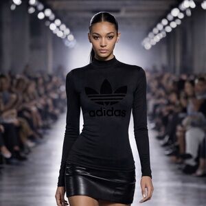 Adidas Originals Trefoil Mock Neck Fitted Long Sleeve Top Black Flocked Logo S